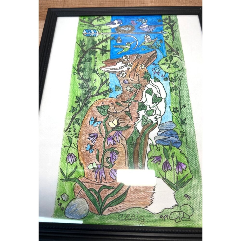 Framed Nature-Inspired Fox & Birds Colored Artwork